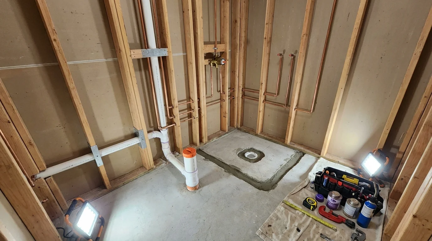 Bathroom rough-in plumbing during remodel by Johns Plumbing LLC in Crooks