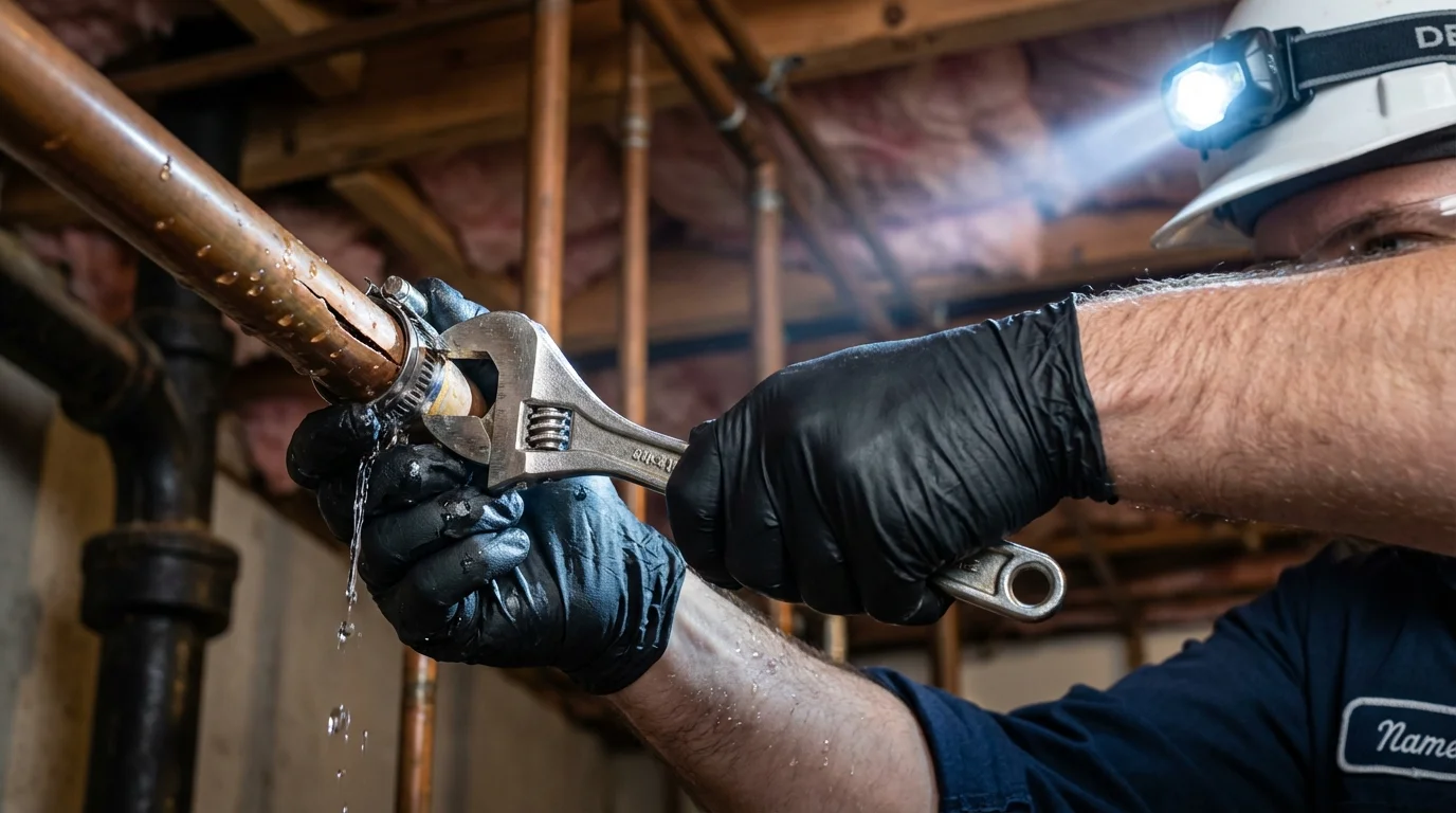 Emergency pipe clamp repair being performed by a Johns Plumbing LLC plumber in Crooks