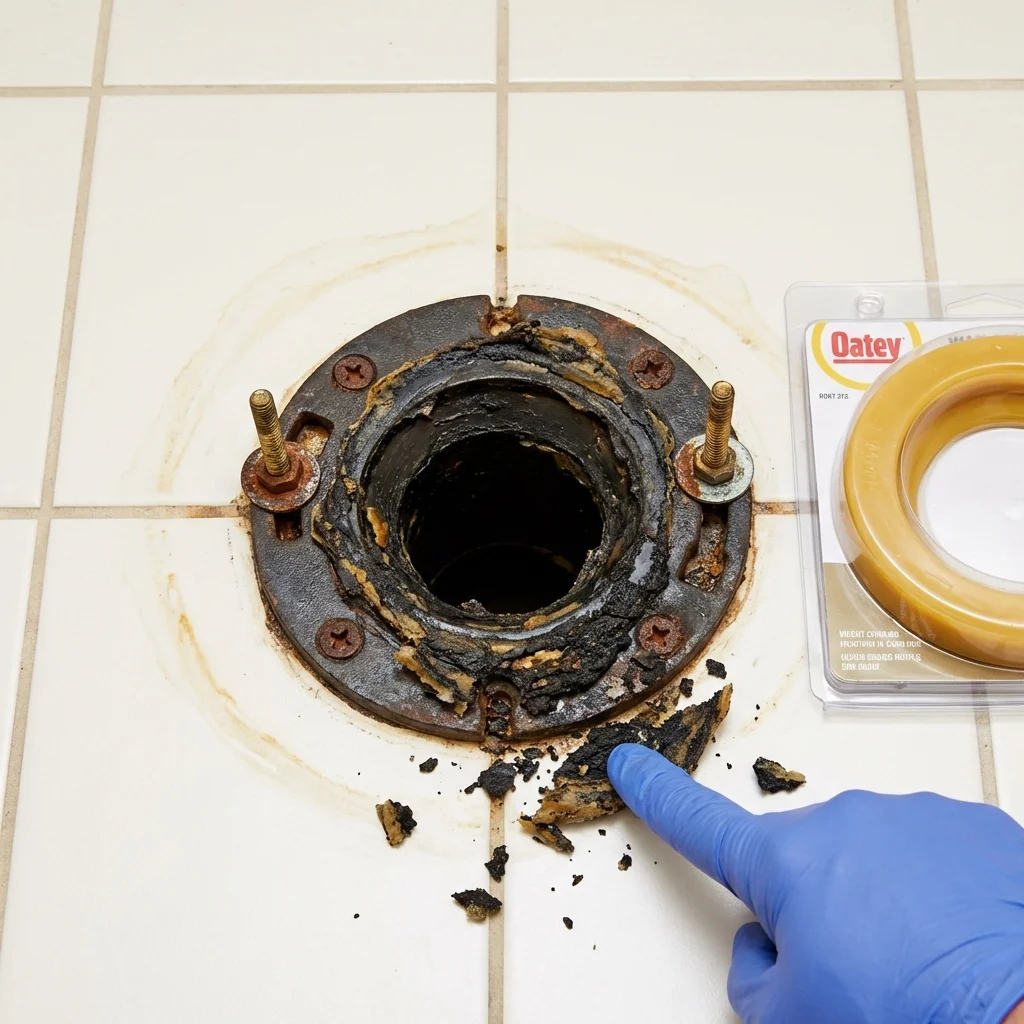 Failed wax ring showing water seepage at the base of a toilet in a Crooks, SD home