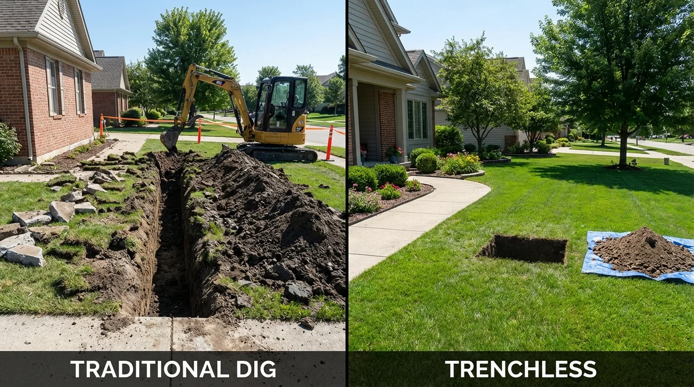Trenchless sewer repair with minimal yard damage versus traditional excavation in Crooks, SD