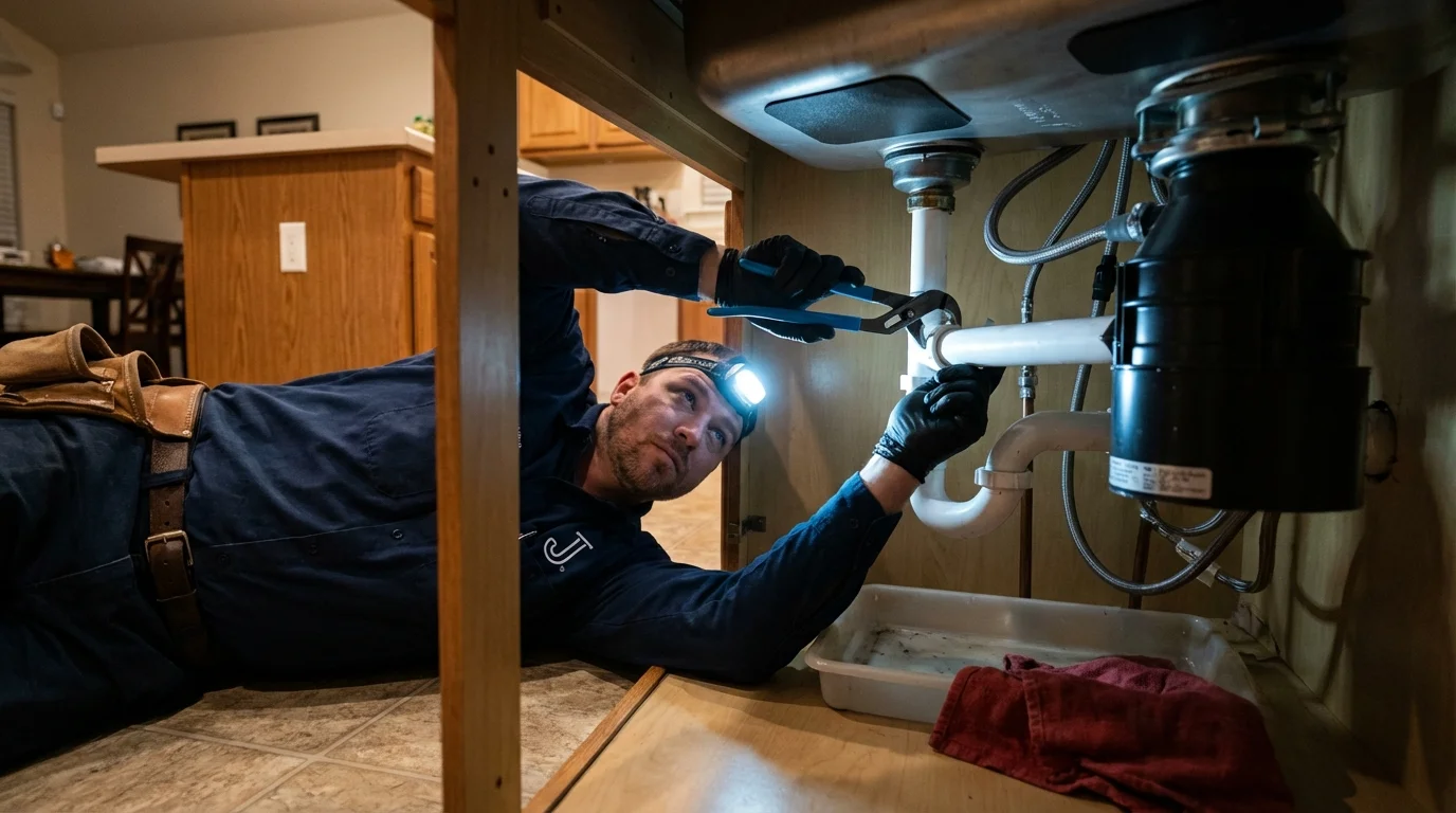P-trap and supply line connections under a kitchen sink showing a common leak point in Crooks, SD